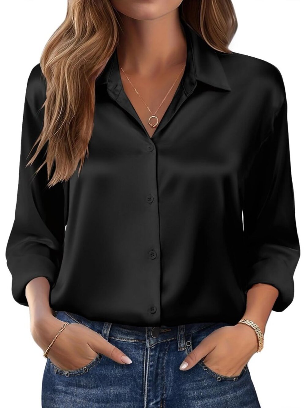 Women's Black Long Sleeve Satin Silk Button Down Casual Blouses Top T-Shirt